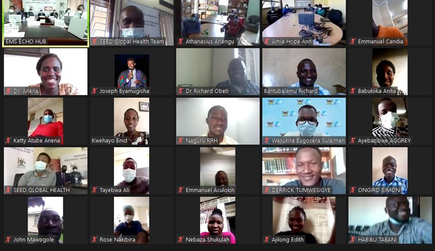 Zoom screen cpature showing 25 people at a global telementoring session in Uganda