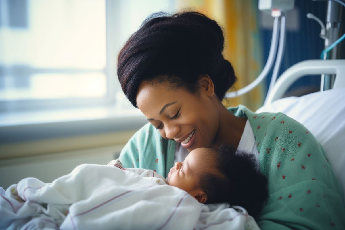 A Black mother smiles and cradles her newborn baby in the delivery room of a hospital