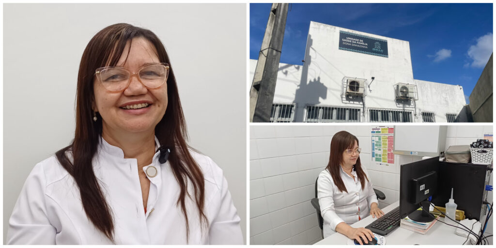 Collage featuring Heyne Rejane Costa de Araújo, a nurse at the Dona Sinhazinha Family Health Unit in Aracaju, Sergipe. The first image shows her smiling in a headshot; the second captures her working at her desk; and the third shows the exterior of the health unit building where she works.