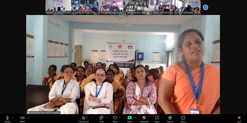 Frontline health workers attending a virtual ECHO India training session on hypertension management.