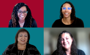 A collage of four women on Zoom screens